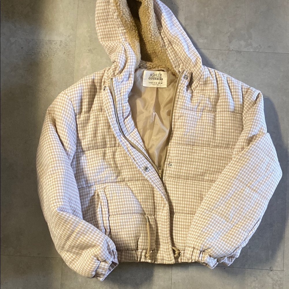 Ashley By 26 International Beige Checkered Hooded Jacket